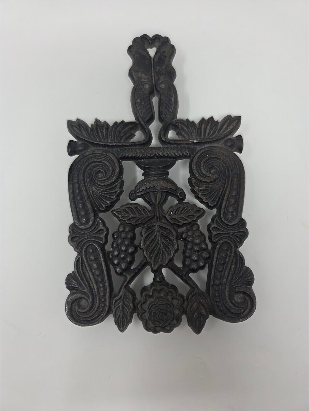 Vintage Wilton Cast Iron Trivet Wall Plaque Grapes Floral Design Marked